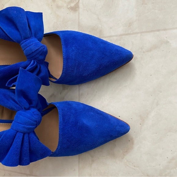 $550 Ulla Johnson Lucia Blue Suede Bow Pointed Toe Block Heels Mules size 9.5 - Picture 9 of 13